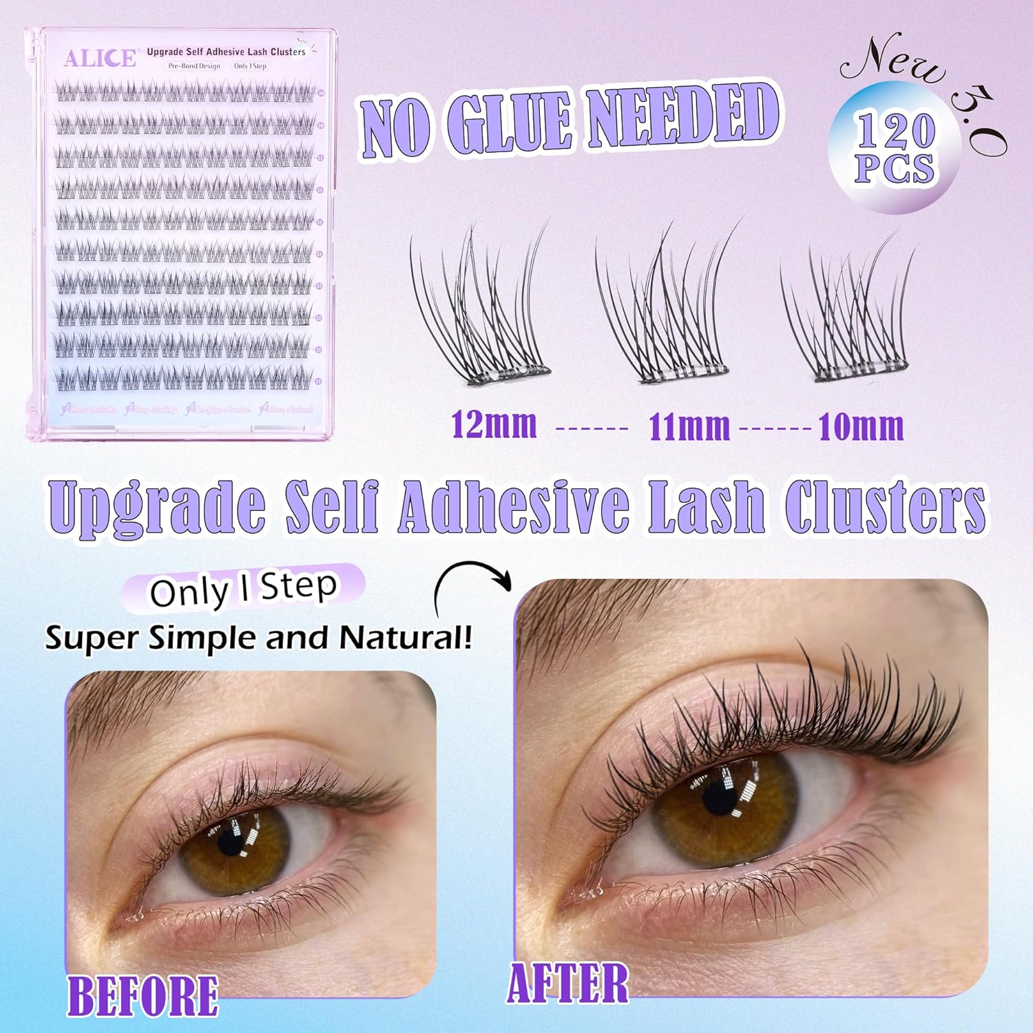ALICE Self Adhesive Eyelashes Natural Self Adhesive Lash Clusters No Glue Needed Wispy Reusable Press on Lashes Pre-Glue 10-12mm 120pcs DIY Eyelash Extensions-FemmiqueWomen