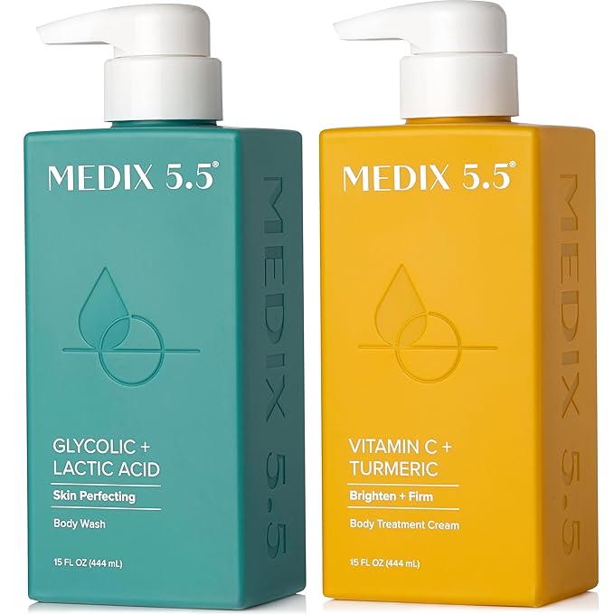 MEDIX 5.5 Exfoliating AHA Glycolic Acid Face & Body Scrub Cleanser + Vitamin C Moisturizing Body Cream Lotion Skin Care 2PC Set | Alpha Hydroxy Acid & Lactic Acid Foaming Body Wash & Face Wash, 2-PC-FemmiqueWomen