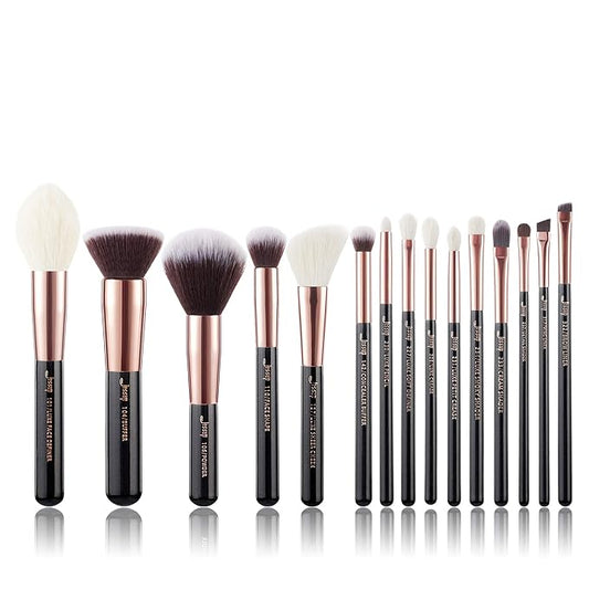 Jessup Makeup Brushes, Labeled Makeup Brush Set Premium Synthetic and Natural Hair Foundation Powder Concealer Eyeshadow Blending 15pcs Brush Kit, Rose Gold/Black T160-FemmiqueWomen