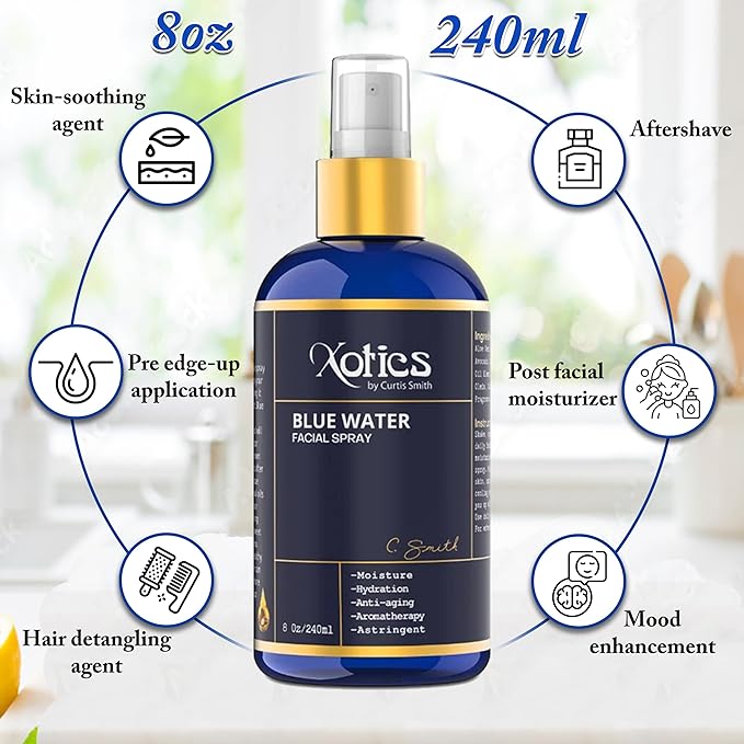 Xotics Blue Water Facial Spray - 8oz - Hydrating Face Mist with Aloe Vera - Refreshing Toner for Men & Women, Aftershave, Daily Moisturizing Splash for All Skin Types-FemmiqueWomen