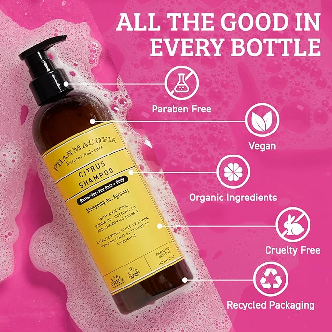 Pharmacopia Citrus Shampoo - Natural Hair Care with Plant Based & Organic Ingredients Aloe Vera, Jojoba Oil, Coconut Oil, and Chamomile Extract - Vegan, Cruelty Free, No Parabens or Sulfates, 16 oz-FemmiqueWomen