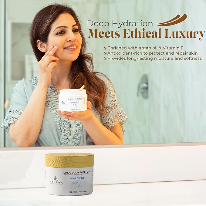 AZMERA Handcrafted Whipped Shea Body Butter – Luxurious Orchid Scented Moisturizer for Dry, Sensitive Skin with Argan Oil & Vitamin E – Vegan, Non-Greasy Skincare – 8.82 oz-FemmiqueWomen