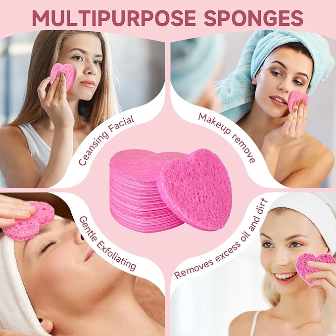 100 Count Compressed Pink Facial Sponges | 100% Natural Cellulose Eco-Friendly Makeup Sponges for Gentle Cleansing, Exfoliating & Stubborn Makeup Removal | Travel & Home Beauty Essentials for Women-FemmiqueWomen
