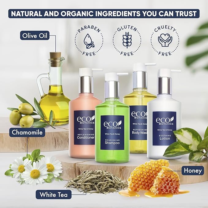 1-Shoppe Eco Botanics 20 Piece Ecobox All-In-Kit | White Tea and Honey Soap | 6 Shampoo, 4 Conditioner, 6 Body Wash & 4 Lotion | 10.14oz Hotel Soaps and Toiletries Bulk | Personal Care Products-FemmiqueWomen
