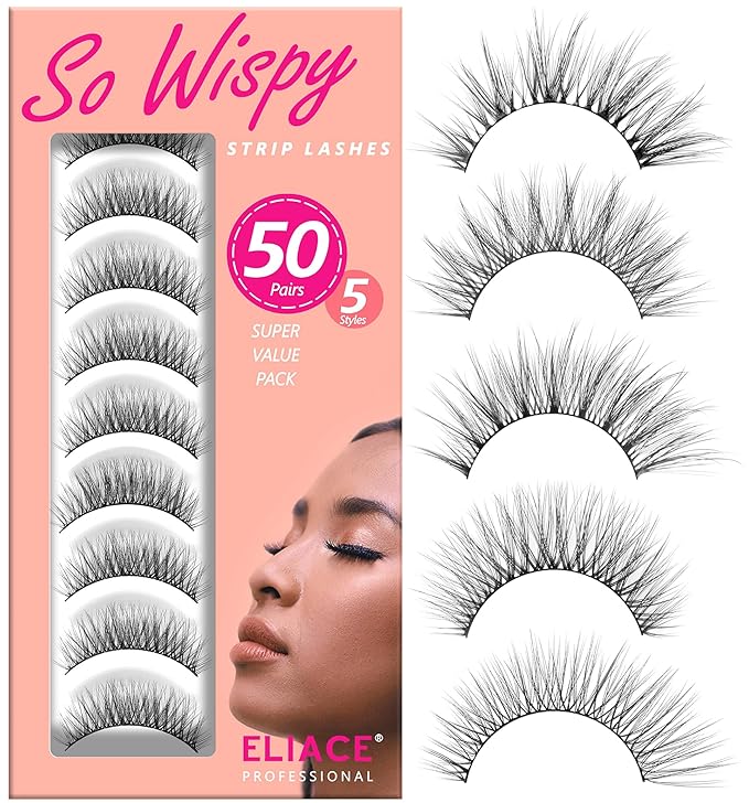 Eliace Luxurious 50 Pairs 5 Styles Cat Eye Lashes Wispy False Eyelashes Natural look 3D Mink Lashes Fake Eyelashes Kit, Thin Soft Band Comfortable Fluffy Volume Cross Strip Lash, with Lash Tweezers-FemmiqueWomen