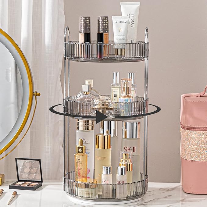 Rotating Makeup Organizer for Vanity, High-Capacity Skincare Clear Make Up Storage Perfume Organizers Cosmetic Dresser Organizer Countertop 360 Spinning (Gray, 3 Tier)-FemmiqueWomen