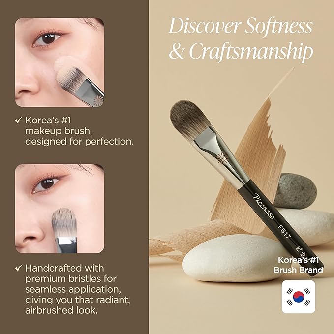 Piccasso FB17 Foundation Brush – Soft Makeup Brush for Liquid & Cream Foundation, Curved Bristles for Smooth and Flawless Face Makeup, Professional Tool for Base Layering, Korean Beauty Essential-FemmiqueWomen