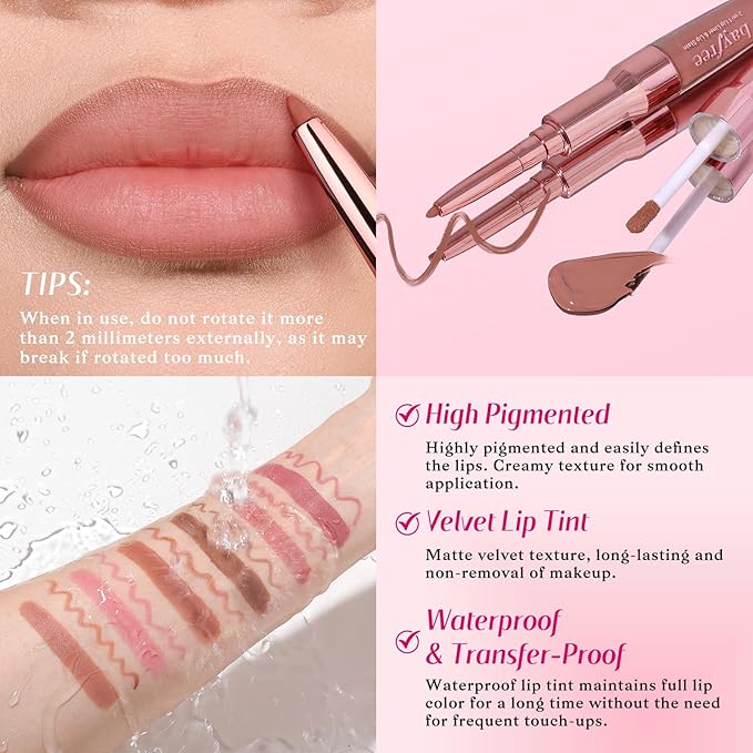 2-IN-1 Lip Liner and Lip Stain, High Pigmented Long Lasting Velvet Lip Tint, Well-Defined Lipliner, Weightless Waterproof Not Animal Tested, Matte Finish Makeup-FemmiqueWomen