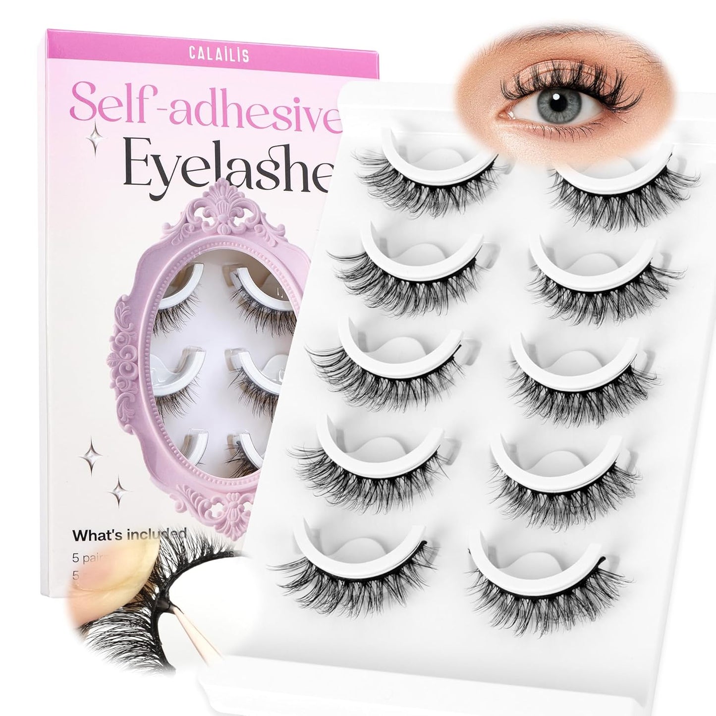 CALAILIS Self Adhesive Eyelashes 5 Pairs Natural Look Press On Lashes No Glue Need Eyelashes Reusable Cat Eye Wispy Self-adhesive False Lashes with Replacement Adhesive Strips (C001)-FemmiqueWomen
