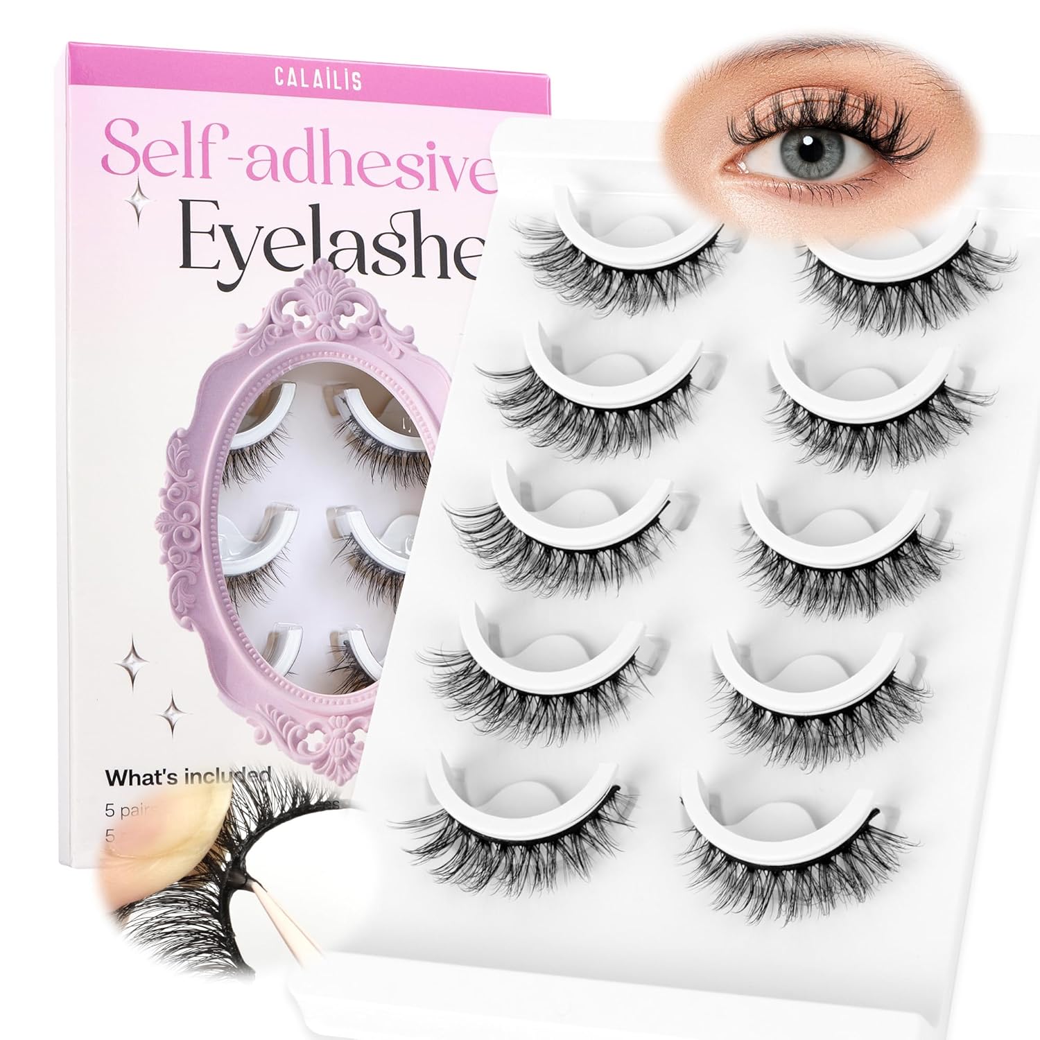 CALAILIS Self Adhesive Eyelashes 5 Pairs Natural Look Press On Lashes No Glue Need Eyelashes Reusable Cat Eye Wispy Self-adhesive False Lashes with Replacement Adhesive Strips (C001)-FemmiqueWomen