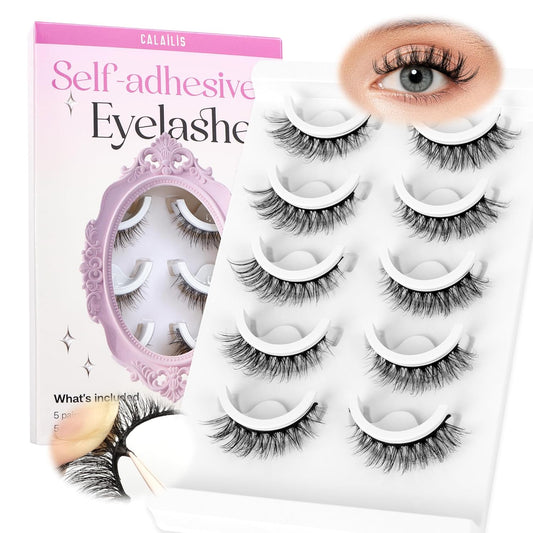 CALAILIS Self Adhesive Eyelashes 5 Pairs Natural Look Press On Lashes No Glue Need Eyelashes Reusable Cat Eye Wispy Self-adhesive False Lashes with Replacement Adhesive Strips (C001)-FemmiqueWomen
