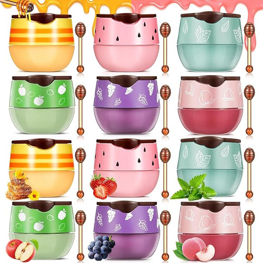 12 Pcs Bee Lip Balm Honey Pot with Brush Propolis Lip Mask Overnight, Moisturizing Hydrating Lip Sleeping Mask Prevention Dry and Cracked(Honey+Peach+Grape+Strawberry+Apple Lime+Mint)-FemmiqueWomen