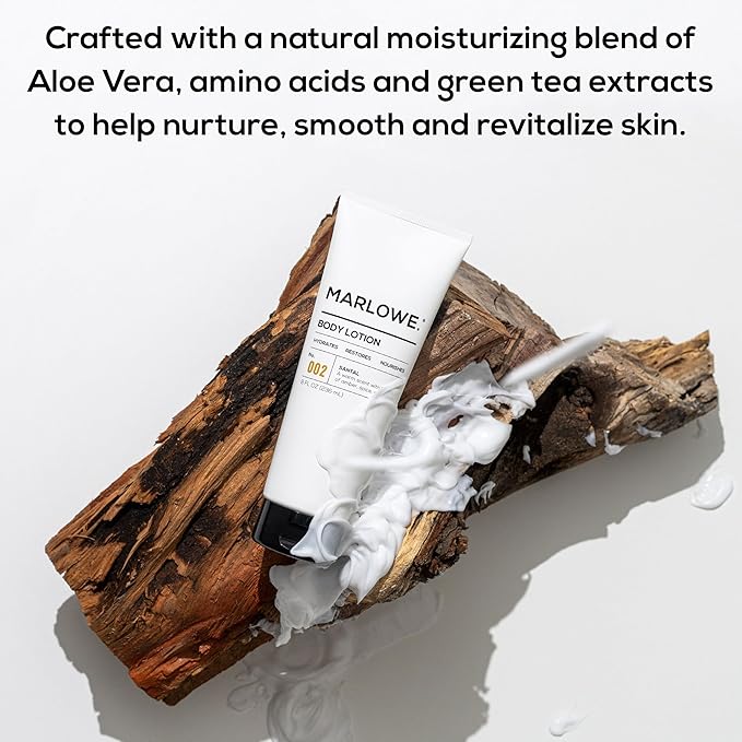 MARLOWE. No. 002 Santal Body Lotion 8 Oz, Moisturizing & Nourishing Daily Dry Skin Lotion for Men, Made with Hydrating Natural Aloe Vera, Non-Oily, Warm Amber, Sandalwood & Citron Scent, Vegan-FemmiqueWomen