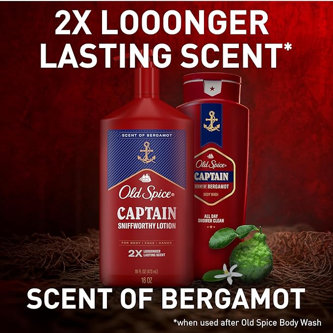 Old Spice Hand, Face & Body Lotion for Men, 24/7 Lightweight Moisturization with Amazing Scent, Instant Absorption, For All Skin Types, Captain with Bergamot Scent, 16 oz-FemmiqueWomen