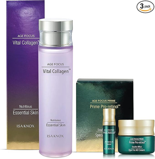 ISA KNOX Age Focus Vital Collagen Essential Toner, Prime Wrinkle for All Serum & Prime Eye for All Cream with Vitamins C, B12 & E (177 ml/5.99 fl oz) Korean Skincare-FemmiqueWomen