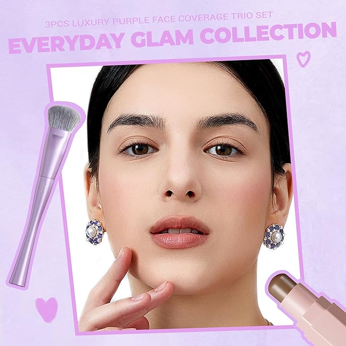 Jessup Face Makeup Brush Set 3 pcs, Ultra-Soft Dense Makeup Brushes for Foundation Contour Powder and Blush, Premium Synthetic Fiber, Luxury Purple T513-FemmiqueWomen