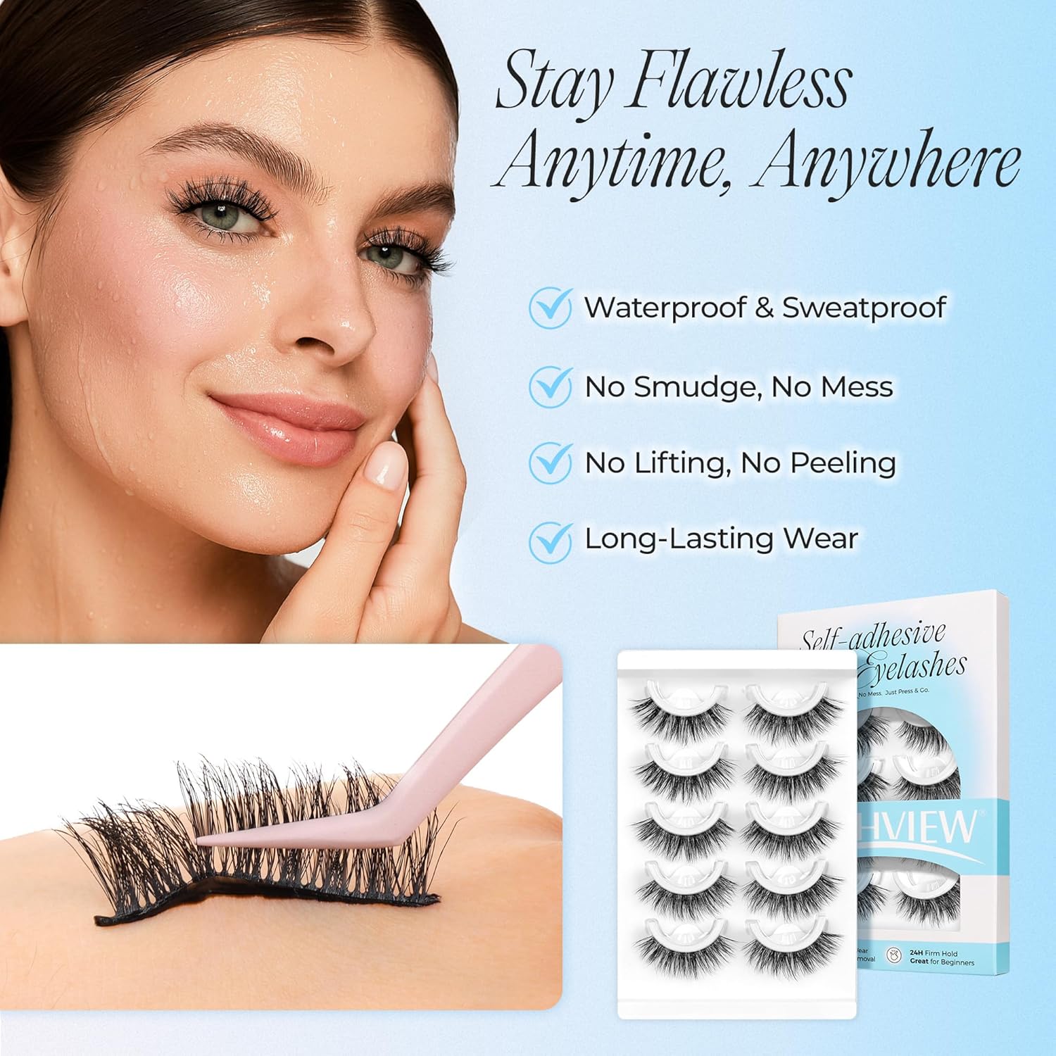 LASHVIEW Self Adhesive Eyelashes 5 Pairs Cat Eye Wispy Self-adhesive False Lashes Reusable Natural Look Press On Lashes No Glue Need Eyelashes with Replacement Adhesive Strips (CV130)-FemmiqueWomen