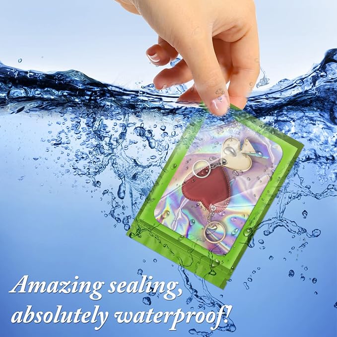 100 Pack Holographic Bags,Smell Proof Packaging Bags, Clear Window Resealable Odor Foil Pouch Mylar Bags for Food Storage and Lipgloss, Jewelry Lash(Green, 2.4 x 3.9 Inch)-FemmiqueWomen