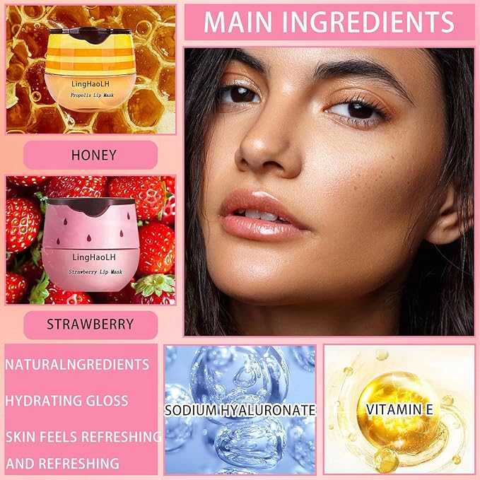 2PCS Bee Lip Balm,Hydrating Honey Pot Lip Balm with Stick,Non-Greasy Silky Sleeping Lip Mask Set,Long Lasting Lip Scrubs Moisturizer for Dry Cracked Lips（Honey ＋Strawberry）-FemmiqueWomen