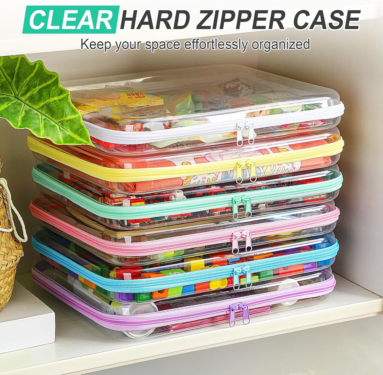 Sanwuta 6 Pcs Clear Hard Zipper Case Pencil Pouches Hard Plastic Zipper Pouches Makeup Bag Transparent Cases for Snacks Plastic Storage Organizer Box for Travel(Assorted Color,13.78 x 11.81 x 2 Inch)-FemmiqueWomen