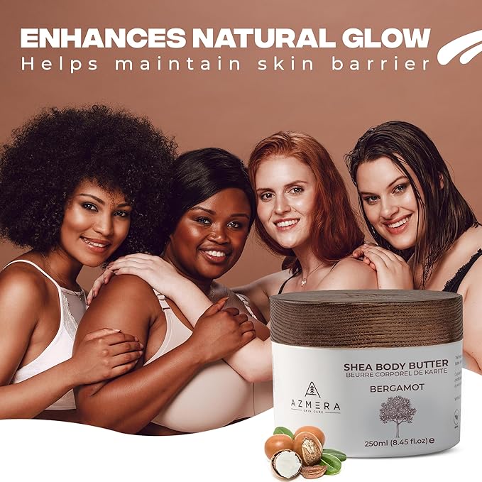 AZMERA Handcrafted Whipped Shea Body Butter – Luxurious Moisturizer for Dry, Sensitive Skin with Bergamot, Argan Oil & Vitamin E – Vegan, Non-Greasy Skincare – 8.82 oz-FemmiqueWomen