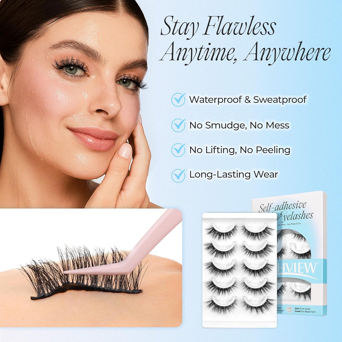 LASHVIEW Self Adhesive Eyelashes 5 Pairs Cat Eye Wispy Self-adhesive False Lashes Reusable Natural Look Press On Lashes No Glue Need Eyelashes with Replacement Adhesive Strips (CV131)-FemmiqueWomen