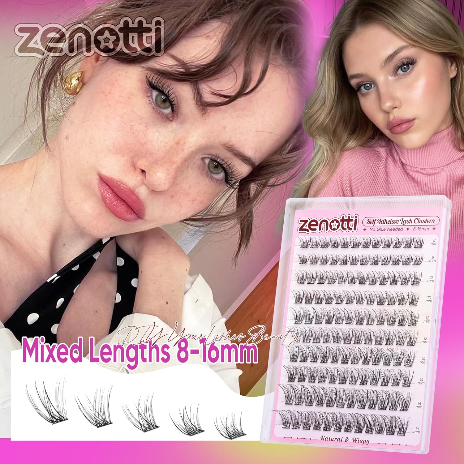 Self Adhesive Lash Clusters Natural No Glue Eyelashes Clusters Wispy Cluster Eyelash Extensions Pre Glued Lash Extensions 120pcs Press on Individual Lashes 8mm-16mm by zenotti-FemmiqueWomen