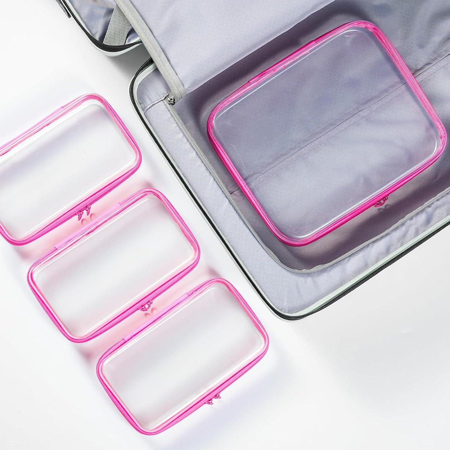 4 pcs Clear Zipper Pouches, Hard Shell Zipper Case, Makeup Organizer Travel Toiletry bag, Diaper Bag, Travel Organizer, Clear Cosmetic Bag,Toy Storage Bins (M+3S Pink)-FemmiqueWomen