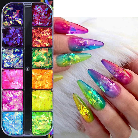 12Grids Holographic Mermaid Colorful Nail Art Glitter,Irregular Rainbow Candy Color Nail Art Flakes Sequins Gradient Bright Ice Slag Nail Sequins Summer Metallic Foil Nail Supplies DIY Nail Decoration-FemmiqueWomen