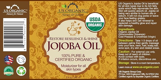 US Organic Jojoba Oil, USDA Certified Organic,100% Pure & Natural, Cold Pressed Virgin, Unrefined, Haxane Free, Sourced from Middle East directly (Large (8oz, 240ml))-FemmiqueWomen