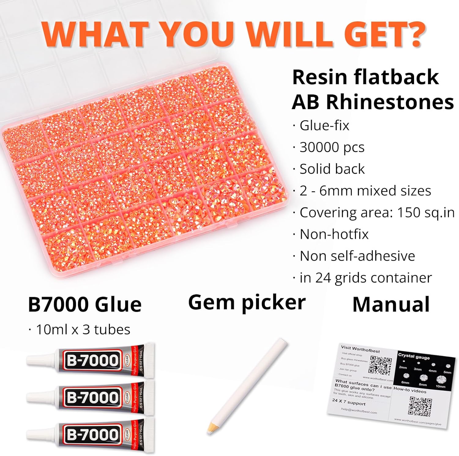 30000Pcs Resin Jelly Rhinestones Set for Crafting Bedazzling, Neon Orange AB Flatback Gems Jewels for Crafts Clothes Shoes Fabric Outfit Nails Makeup, Flat Back Crystal 2-6mm with b 7000 Glue-FemmiqueWomen