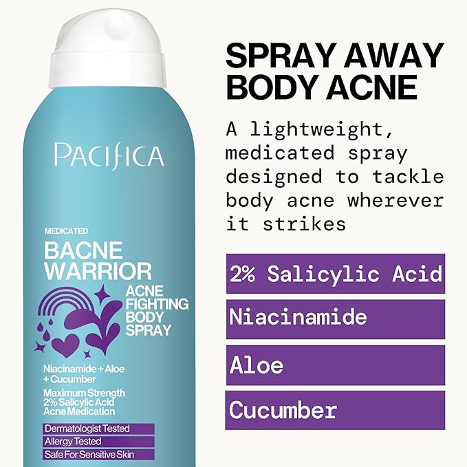 Pacifica Bacne Acne Cleanser Spray - Bacne Warrior - Body Spray for Acne Treatment - w/ 2% Salicylic Acid Niacinamide & Aloe - for Body, Chest & Back Acne for Teens & Adults Vegan Dermatologist Tested-FemmiqueWomen