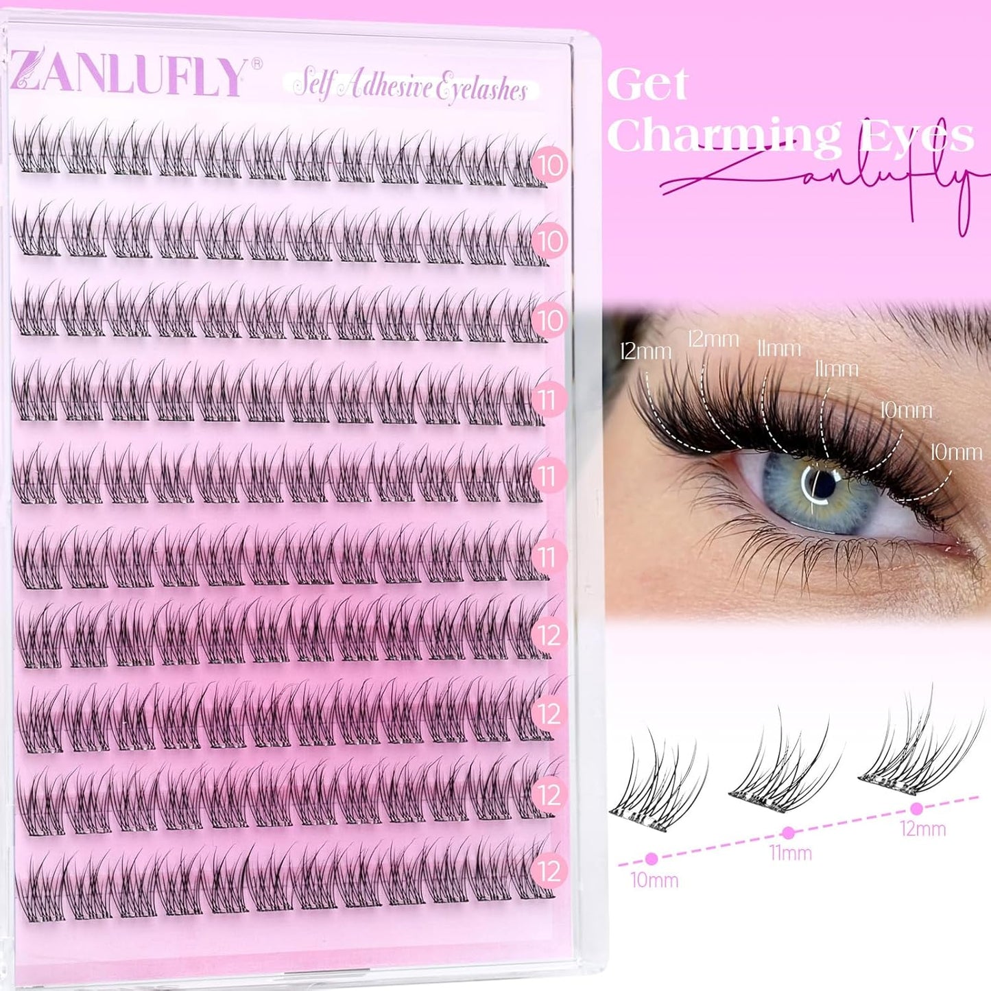 Self Adhesive Eyelashes Natural Self Adhesive Lash Clusters Wispy Press on Lashes 10-12MM Pre-glued Eyelash Clusters 120pcs C-curly No Glue Lashes DIY Individual Lashes by ZANLUFLY-FemmiqueWomen