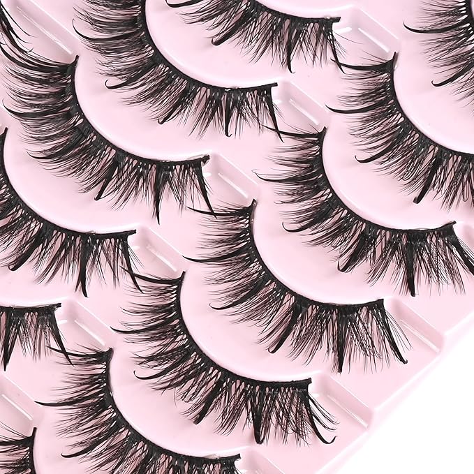 FARRED Wispy Lashes Hybrid Mink Eyelashes 14 Pairs Short Cat Eye Natural Fluffy False Eyelashes Faux Mink Strip Eye Lashes Pack for Daily Makeup (F17 | 8-16 mm)-FemmiqueWomen