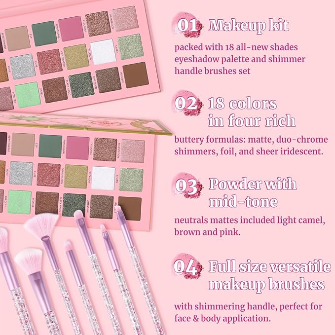 18 Colors Eyeshadow Palette With 7 pcs Soft Brushes Makeup Set High Pigmented Shimmer Matte Metallic Glitter Pink Nude Sage Green Eye Shadow Brush Make Up Kit for Women & Teen, Beginner & Pros-FemmiqueWomen