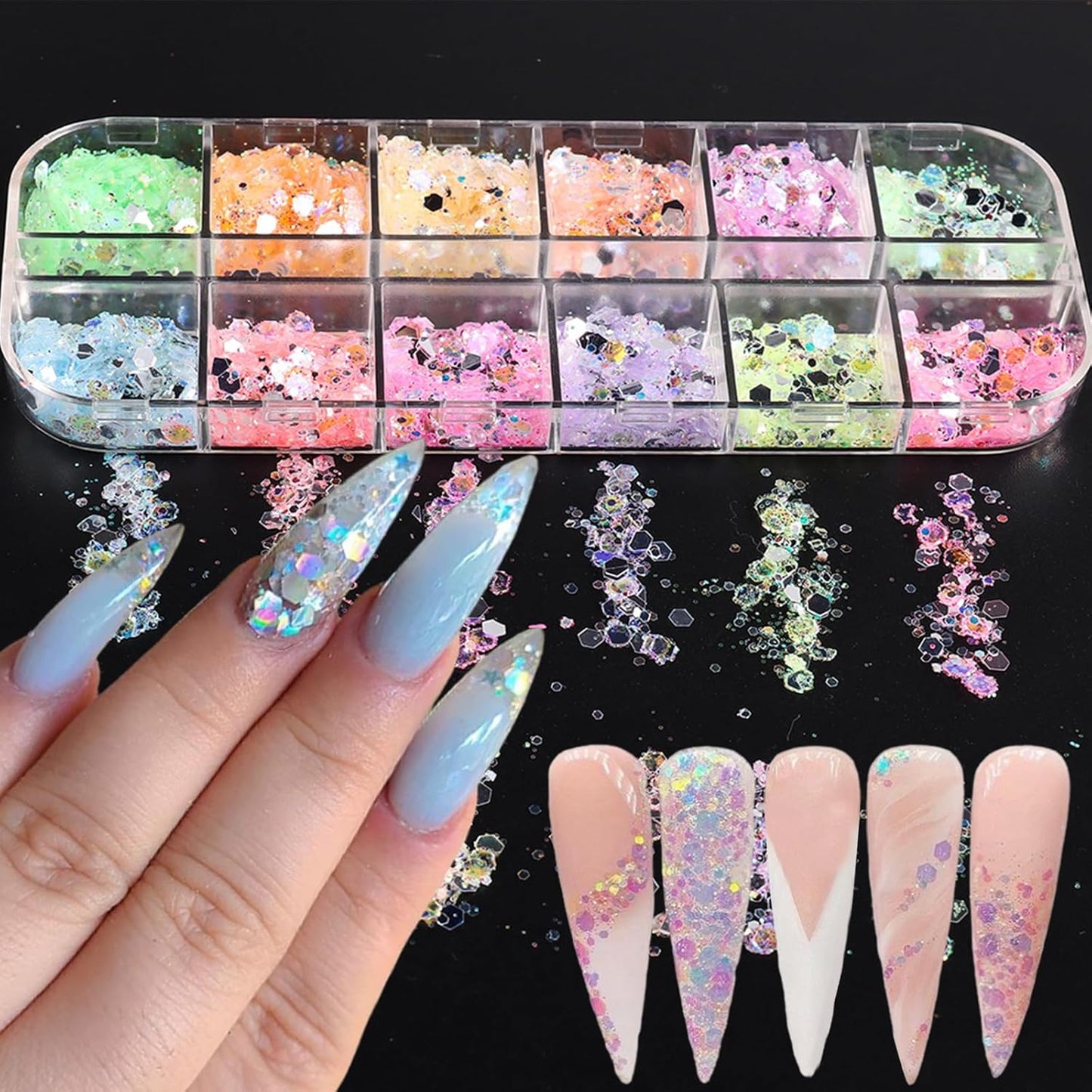 12 Grids Colorful Mermaid Nail Sequin Holographic Nail Art Glitter,Iridescent Nail Art Flake Glitter Decals Glass Paper Design Nail Accessories Acrylic Nails for Women Make Up DIY Nail Decoration-FemmiqueWomen