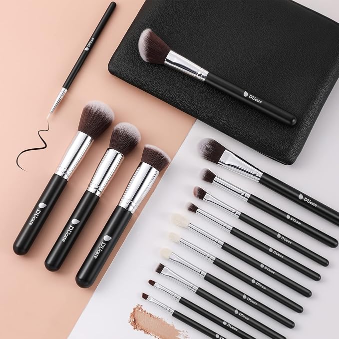 DUcare 15pcs Classic Black Makeup Brush Set with Bag Professional Soft Synthetic Foundation, Blending, Eyeshadow, Powder, Concealer Brushes for Flawless Makeup Application-FemmiqueWomen