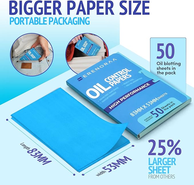 Oil Blotting Sheets for Face - Portable 1x50 Blue Oil Wipes Sheets for Face - Japanese High Performance Technology Makeup Blotting Paper -Grain Free Softer Oil Pads Absorbing Face Oil Tissues for Face-FemmiqueWomen