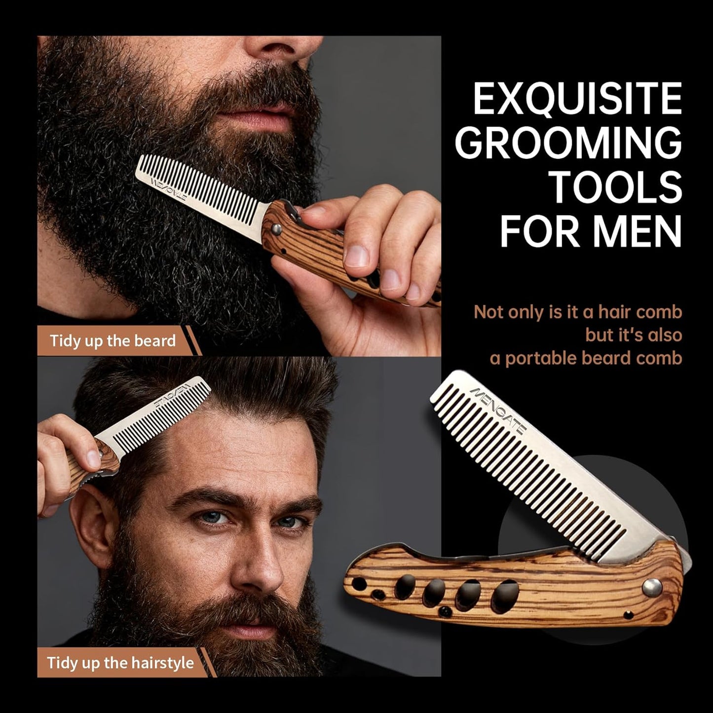 1PC Folding Pocket Beard & Hair Comb for Men - Stainless Steel Tactical Grooming Tool with Wooden Handle, EDC Pocket Comb with 180° Rotatable for Travel & Daily Styling-FemmiqueWomen