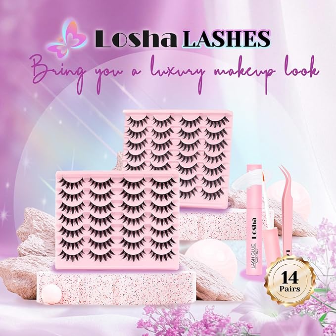 Losha Lashes Spiky Manga Lashes 14 Pairs Anime False Eyelashes 8D Wispy Eye Lashes Kit with Lash Glue and Lash Tweezers Natural Soft Fake Eyelashes (Cutes)-FemmiqueWomen