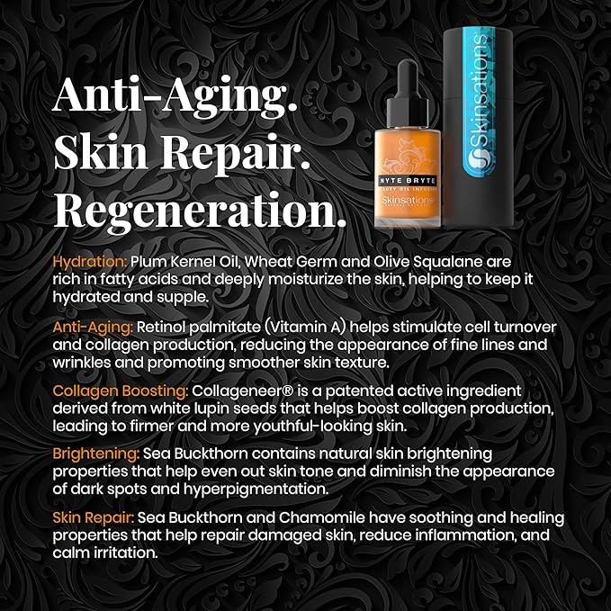 Skinsations - Retinol Face Oil Infusion - NYTE BRYTE - Anti-Aging, Collagen Boosting, Antioxidant Protection, Skin Care - Retinol, Plum Kernel Oil, Sea Buckthorn, Wheat Germ Oil, Vitamin A, Vitamin E-FemmiqueWomen