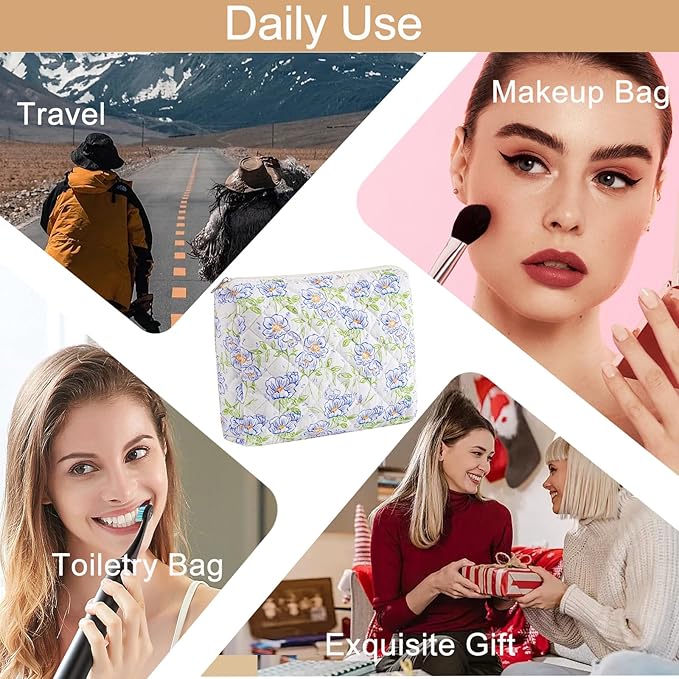 Makeup Bag Travel Cosmetic Bag for Women Girls, Zipper Make Up Pouch, Floral Flowers Toiletry Organizer Makeup, Portable Storage Bag, Cosmetic Travel Cloth Bag (L/Large Blue Flowers)-FemmiqueWomen