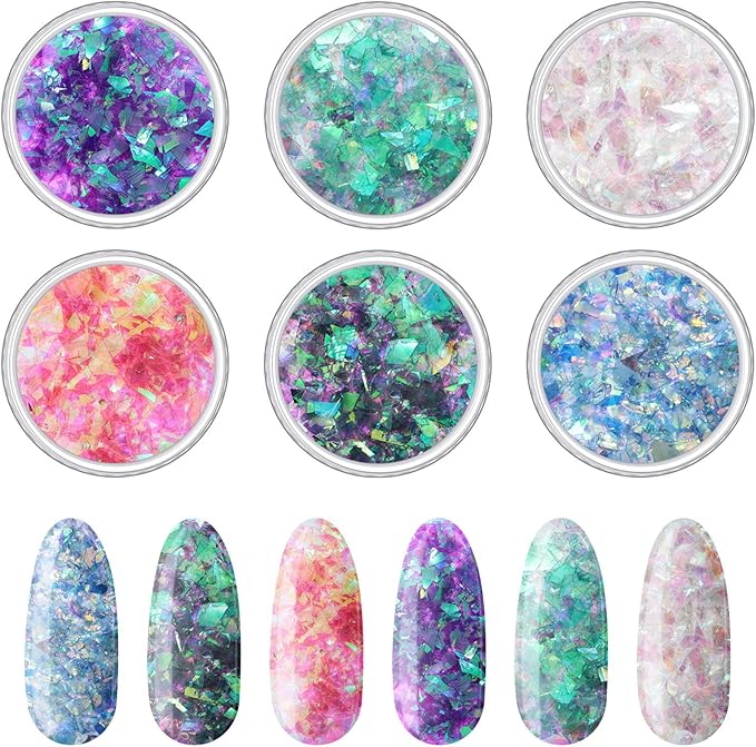 12 Boxes Mermaid Iridescent Chunky Glitter Flakes Chrome Nail Sequins Aurora Holographic Mermaid Nail Glitter Flakes Glitters Chunky Iridescent Flakes for Face Eyes Body Hair Nail Decoration-FemmiqueWomen