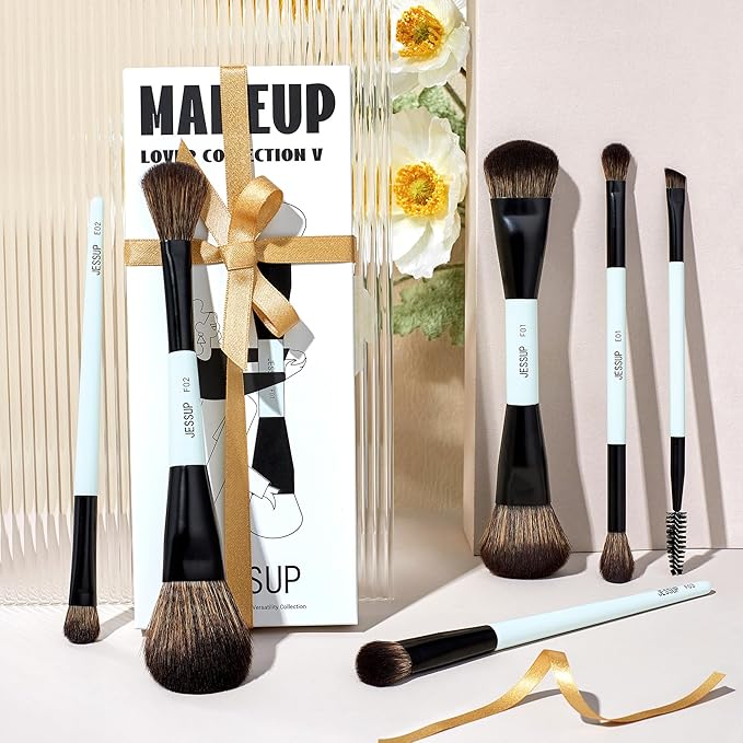 Jessup Makeup Brush Set 6pcs Double Sided Makeup Brushes Foundation Contour Blush Highlight Blending Eyebrow Brush Eyeshadow Brush, Vegan Fiber Make up Brush Bright Cyan T501-FemmiqueWomen