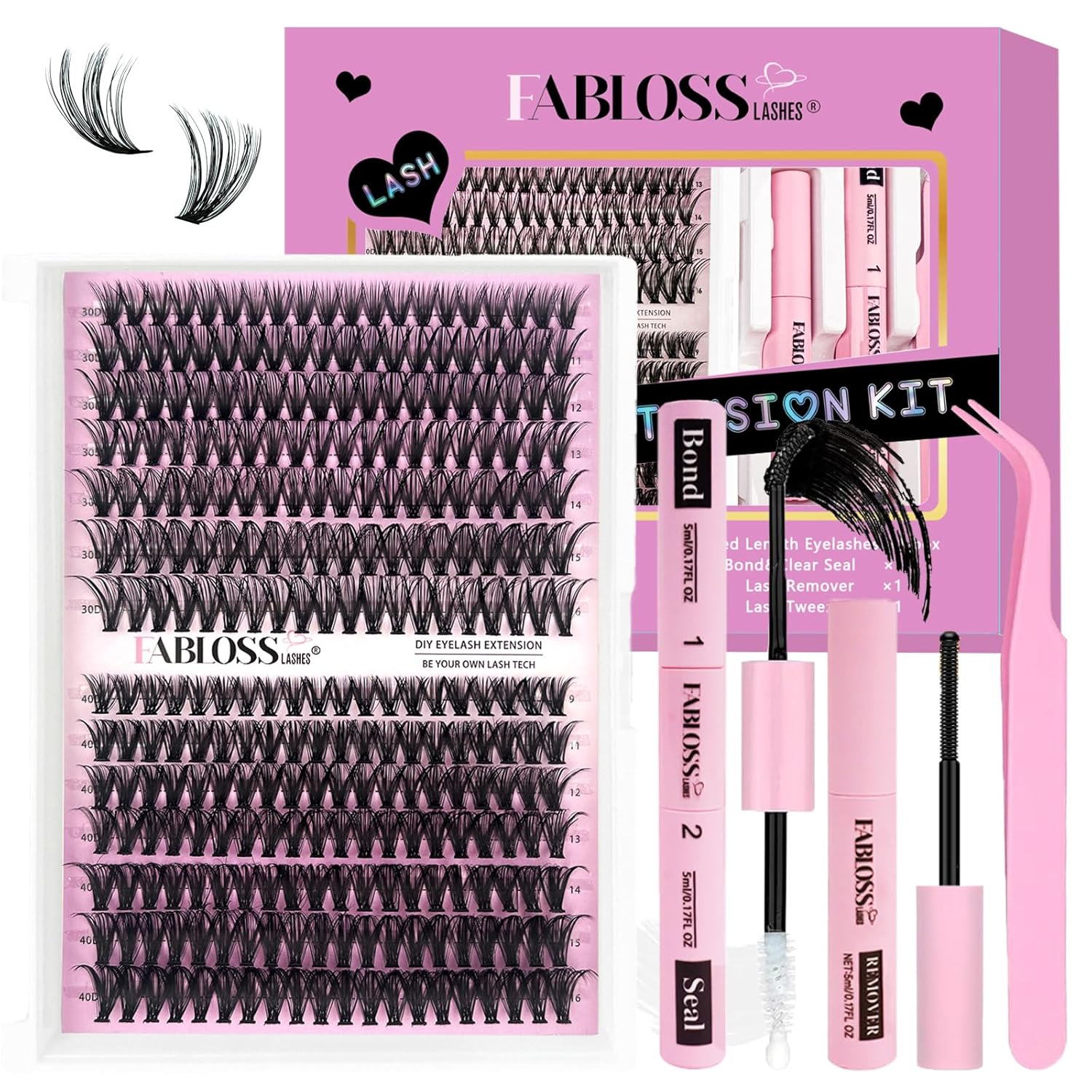 Lash Clusters Kit Fluffy 280Pcs Lash Clusters DIY Eyelash Extension Kit 30D+40D Individual Lashes Clusters Kit with Lash Bond and Seal, Lash Remover, Lash Tweezers(30D+40D, 9-16mm, Kit)-FemmiqueWomen