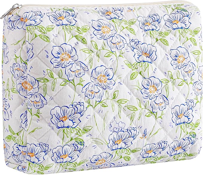 Makeup Bag Travel Cosmetic Bag for Women Girls, Zipper Make Up Pouch, Floral Flowers Toiletry Organizer Makeup, Portable Storage Bag, Cosmetic Travel Cloth Bag (L/Large Blue Flowers)-FemmiqueWomen