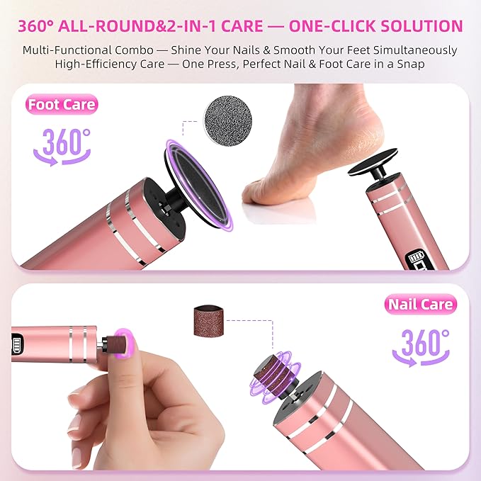2 in 1 Electric Foot Callus Remover,9 Adjustable Speeds Rechargeable Electric Dead Skin Sander Pedicure Tools with Sandpaper Disk and Nail Drill Bits,Grinding Heads for Women&Men-FemmiqueWomen