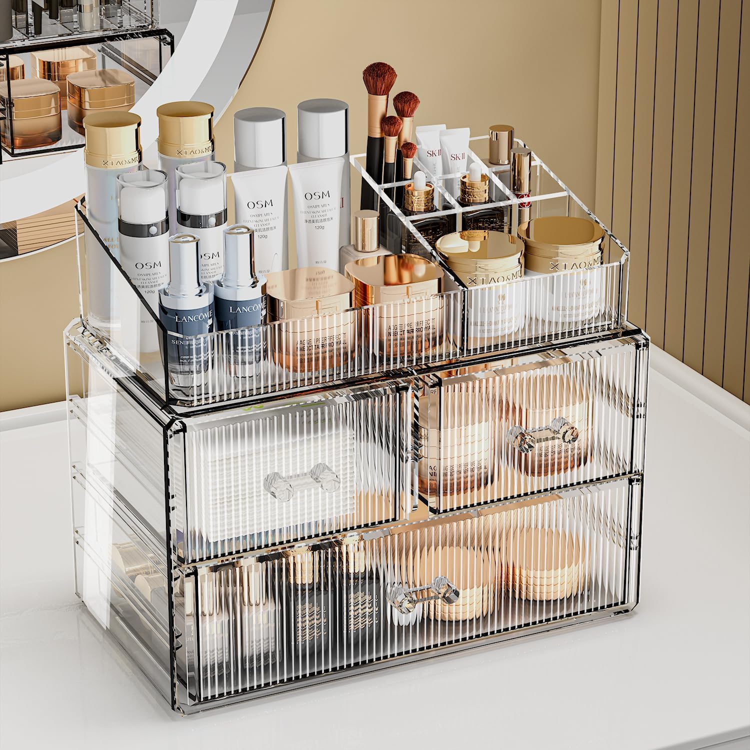 ZHIAI Stackable Cosmetic Organizer, Acrylic Cosmetic Organizer for Dresser, Vanity, Kitchen Cabinet, Bathroom, Under Sink, Home Organization and Storage (1 Top 3 Drawers)-FemmiqueWomen