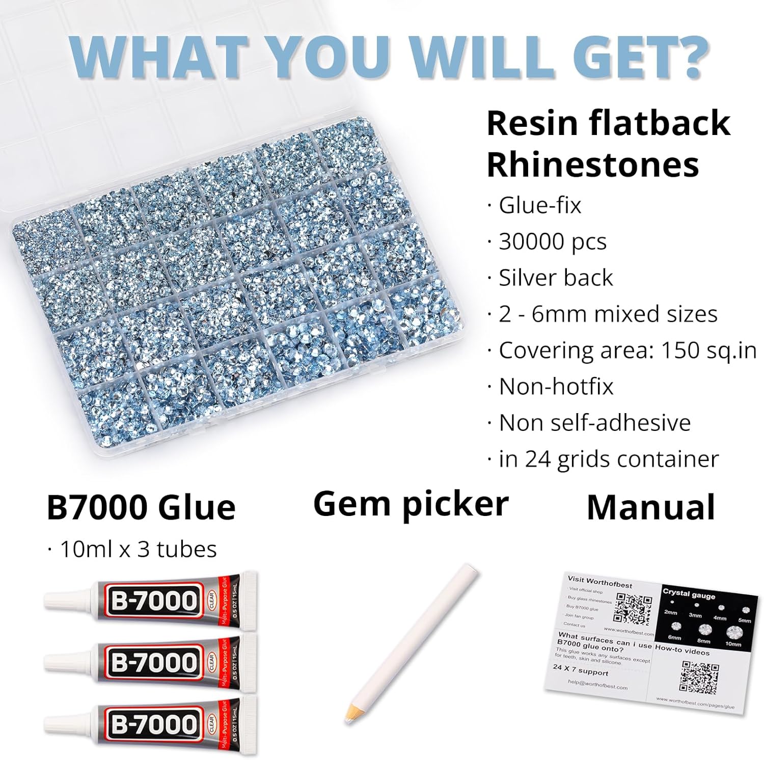 30000Pcs Resin Rhinestones Set for Crafting Bedazzling, Light Blue Flatback Gems Jewels for Crafts Clothes Shoes Fabric Outfit Nails Makeup, Flat Back Crystal 2-6mm with b 7000 Glue-FemmiqueWomen