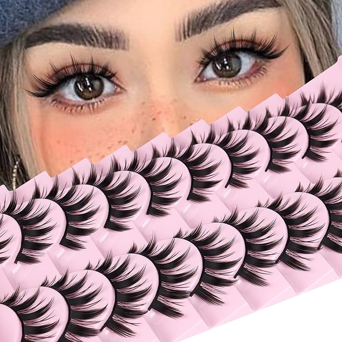 False Eyelashes 10 Pairs Manga Lashes Japanese Style Anime Thick Cosplay Lashes Natural Look 16MM Spiky 8D Wispy Faux Mink Lashes Full Strip Doll Lashes by FANXITON-FemmiqueWomen